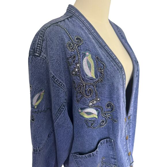 Vintage Embroidered Denim Jean Jacket Boho Chic Whimsical Artisnal Streetwear - Picture 9 of 15